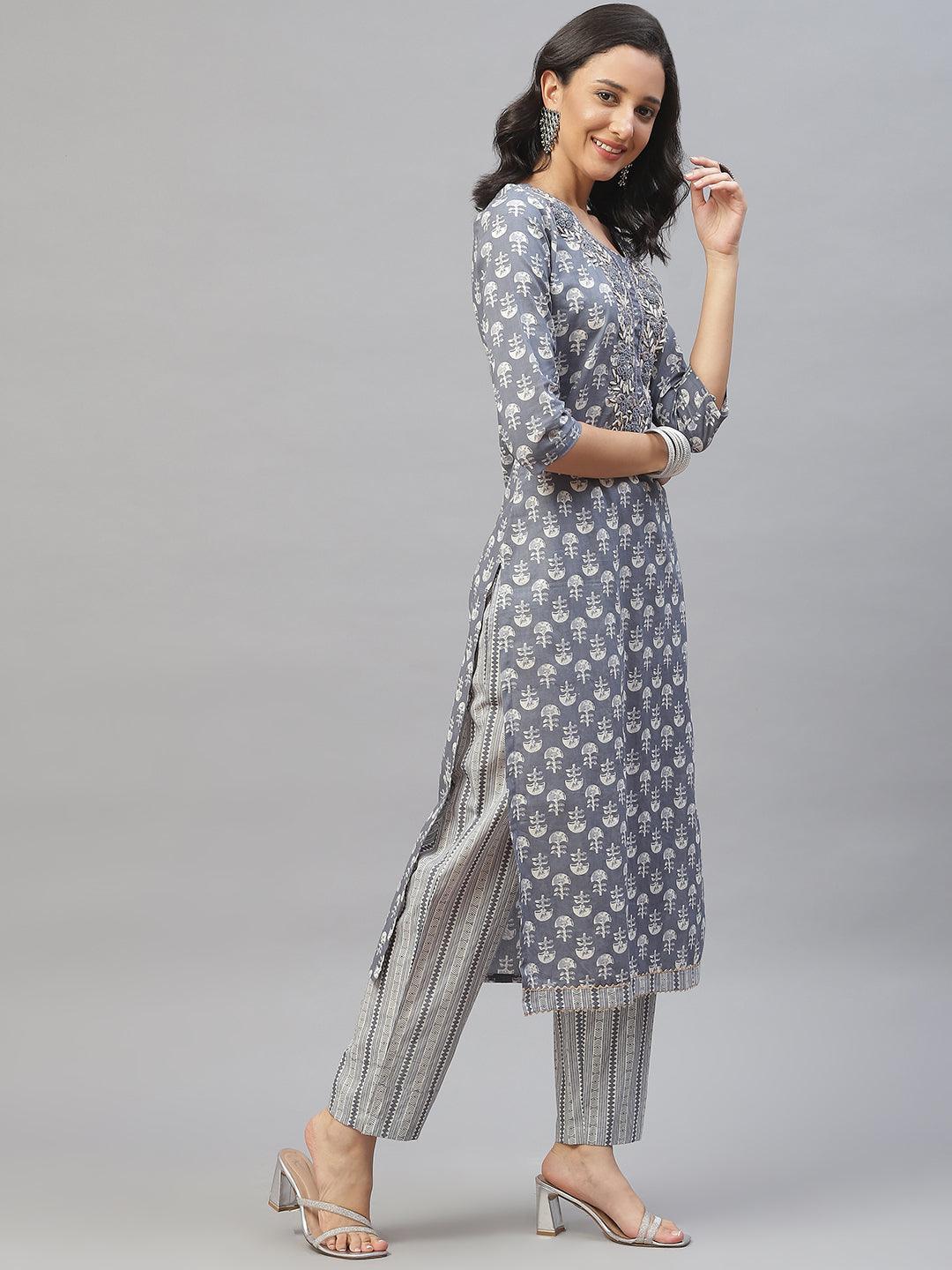 Grey And White Floral Printed Kurta Pant Set With Dupatta | LASVINI - Redefining Indian Fashion with Elegance