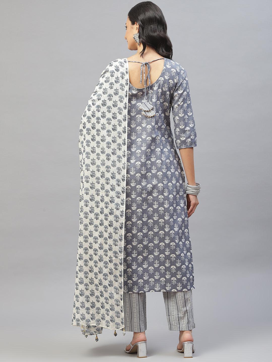 Grey And White Floral Printed Kurta Pant Set With Dupatta | LASVINI - Redefining Indian Fashion with Elegance