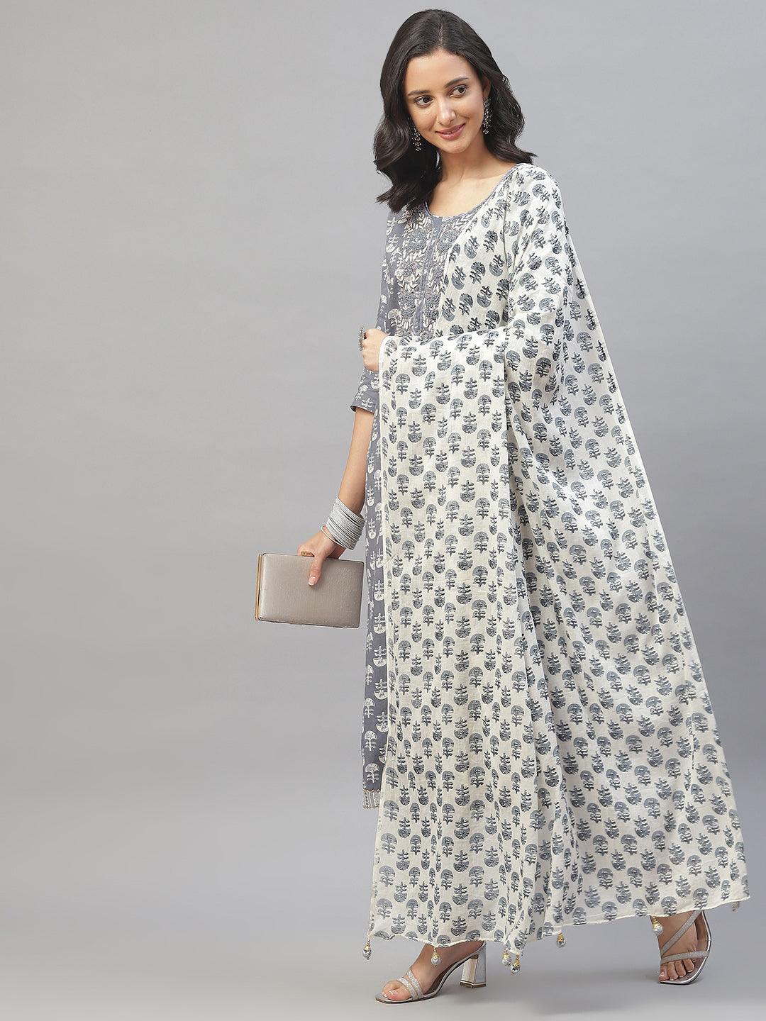 Grey And White Floral Printed Kurta Pant Set With Dupatta | LASVINI - Redefining Indian Fashion with Elegance