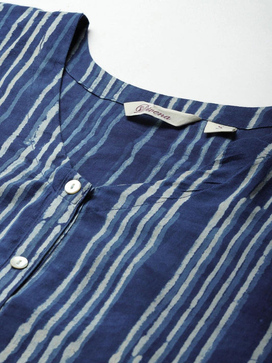 Blue Hand Block Printed Striped Kaftan Dress | LASVINI - Redefining Indian Fashion with Elegance
