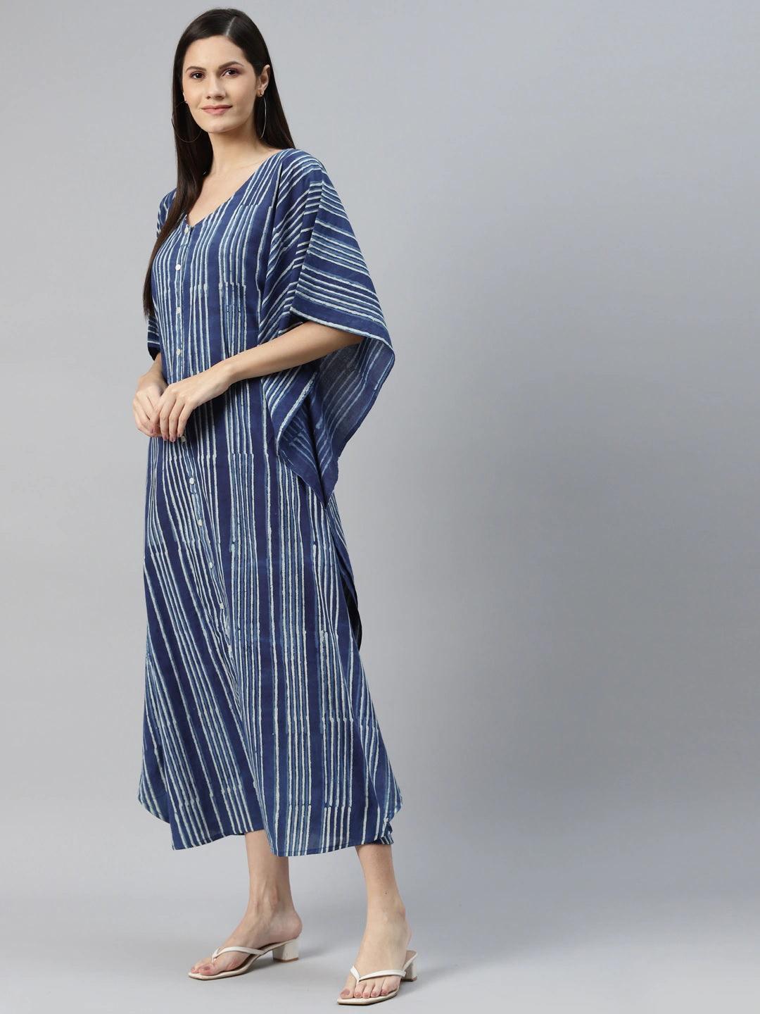 Blue Hand Block Printed Striped Kaftan Dress | LASVINI - Redefining Indian Fashion with Elegance