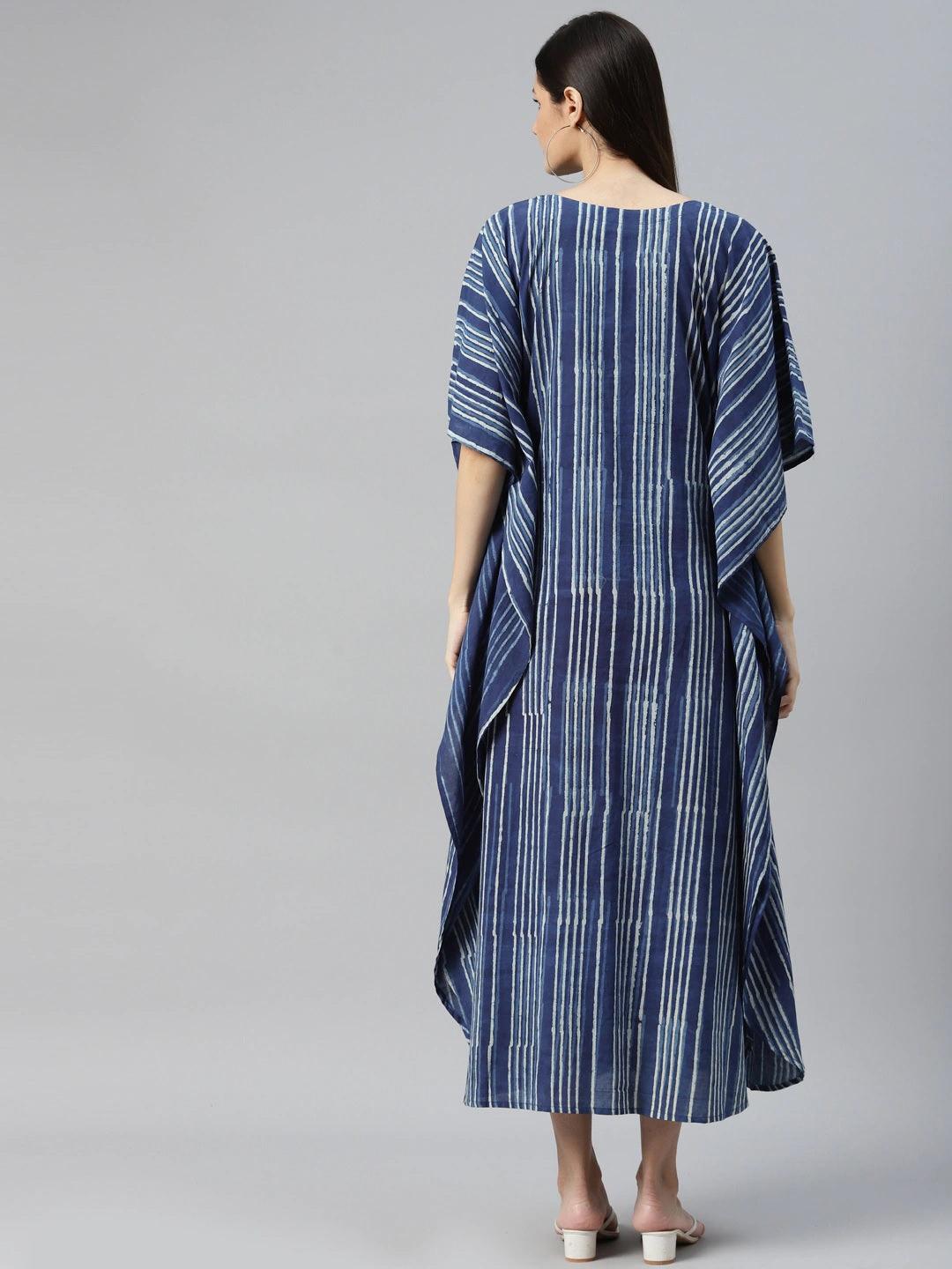 Blue Hand Block Printed Striped Kaftan Dress | LASVINI - Redefining Indian Fashion with Elegance