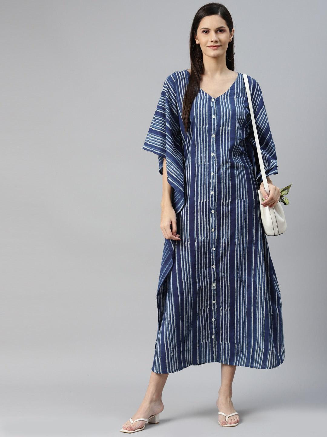 Blue Hand Block Printed Striped Kaftan Dress | LASVINI - Redefining Indian Fashion with Elegance
