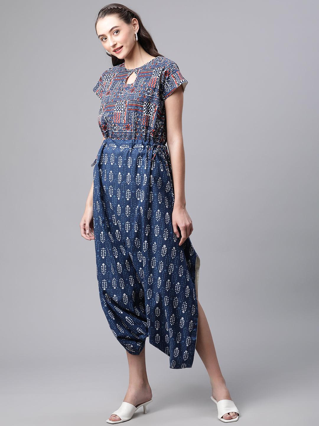 Indigo Hand Block Dhoti Style Cotton Jumpsuit | LASVINI - Redefining Indian Fashion with Elegance
