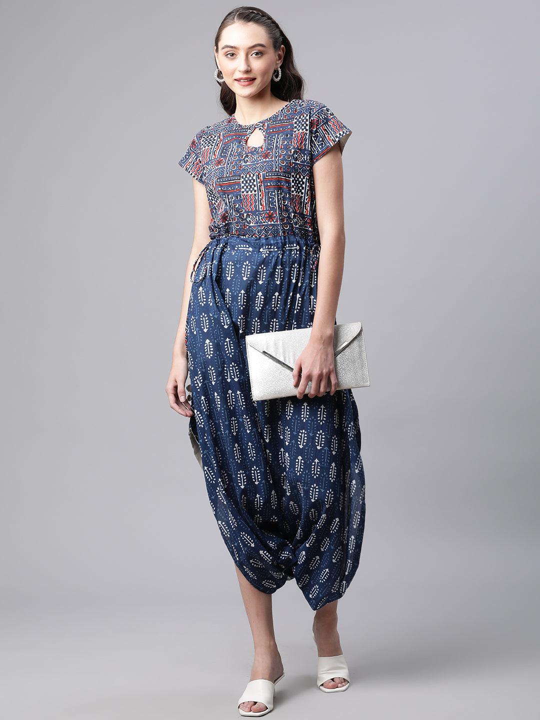 Indigo Hand Block Dhoti Style Cotton Jumpsuit | LASVINI - Redefining Indian Fashion with Elegance