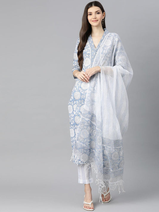 Sky Blue Hand Block Printed Straight Kurta Pant Set With Dupatta | LASVINI - Redefining Indian Fashion with Elegance