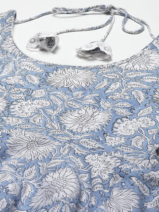 Sky Blue Hand Block Printed Anarkali Kurta Pant Set With Dupatta | LASVINI - Redefining Indian Fashion with Elegance