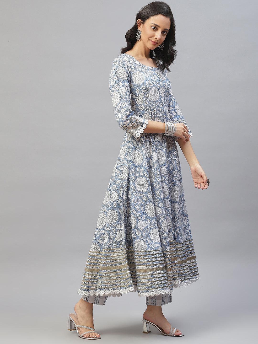 Sky Blue Hand Block Printed Anarkali Kurta Pant Set With Dupatta | LASVINI - Redefining Indian Fashion with Elegance