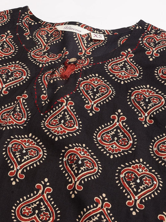 Black And Red Cotton Buti Printed Kurta With Hem Cuffed Pant Set | LASVINI - Redefining Indian Fashion with Elegance