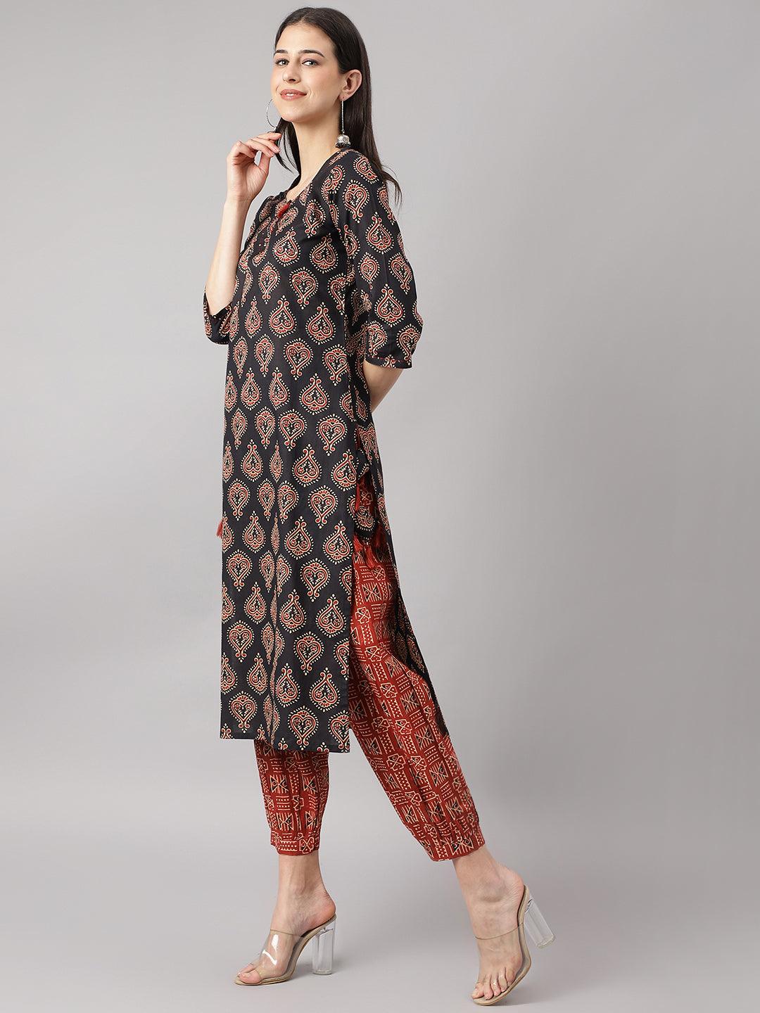 Black And Red Cotton Buti Printed Kurta With Hem Cuffed Pant Set | LASVINI - Redefining Indian Fashion with Elegance