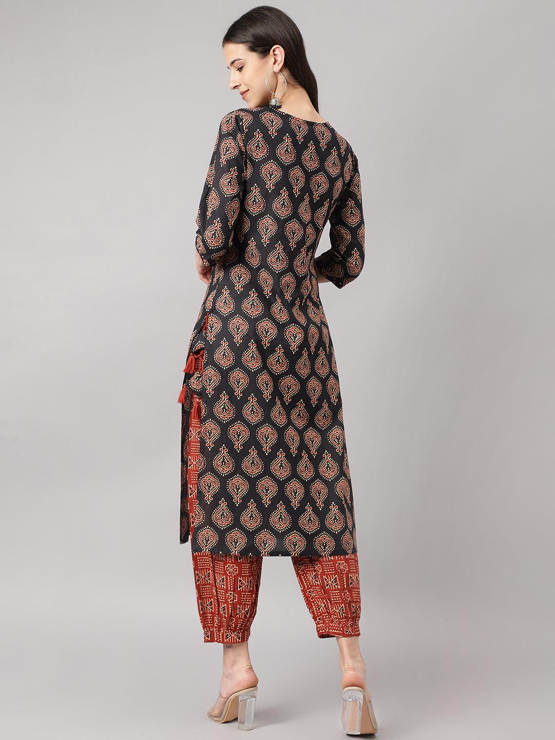 Black And Red Cotton Buti Printed Kurta With Hem Cuffed Pant Set | LASVINI - Redefining Indian Fashion with Elegance