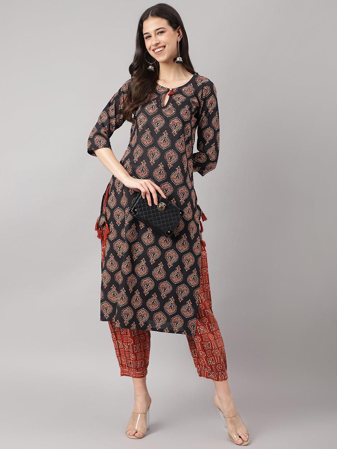 Black And Red Cotton Buti Printed Kurta With Hem Cuffed Pant Set | LASVINI - Redefining Indian Fashion with Elegance