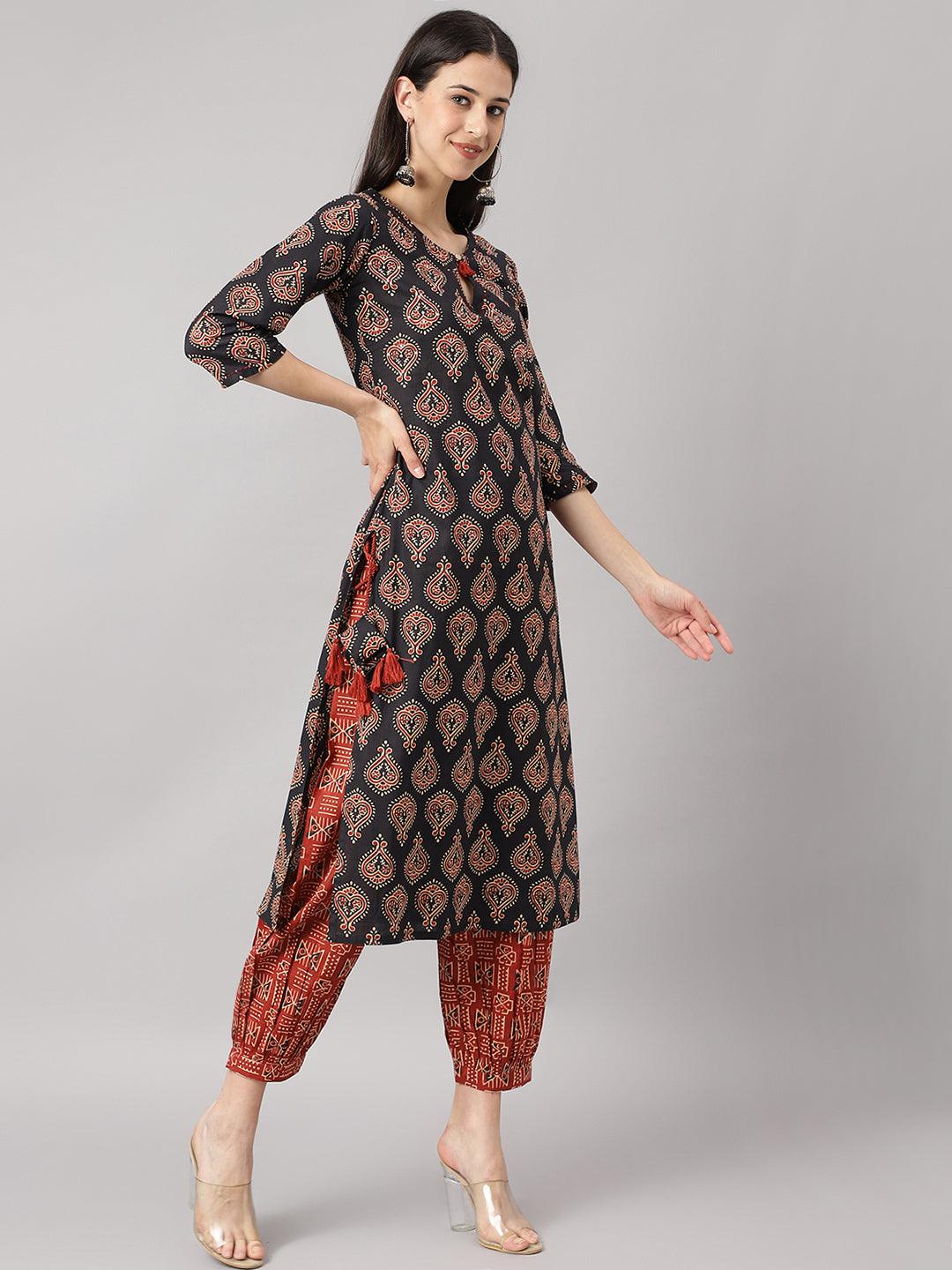 Black And Red Cotton Buti Printed Kurta With Hem Cuffed Pant Set | LASVINI - Redefining Indian Fashion with Elegance