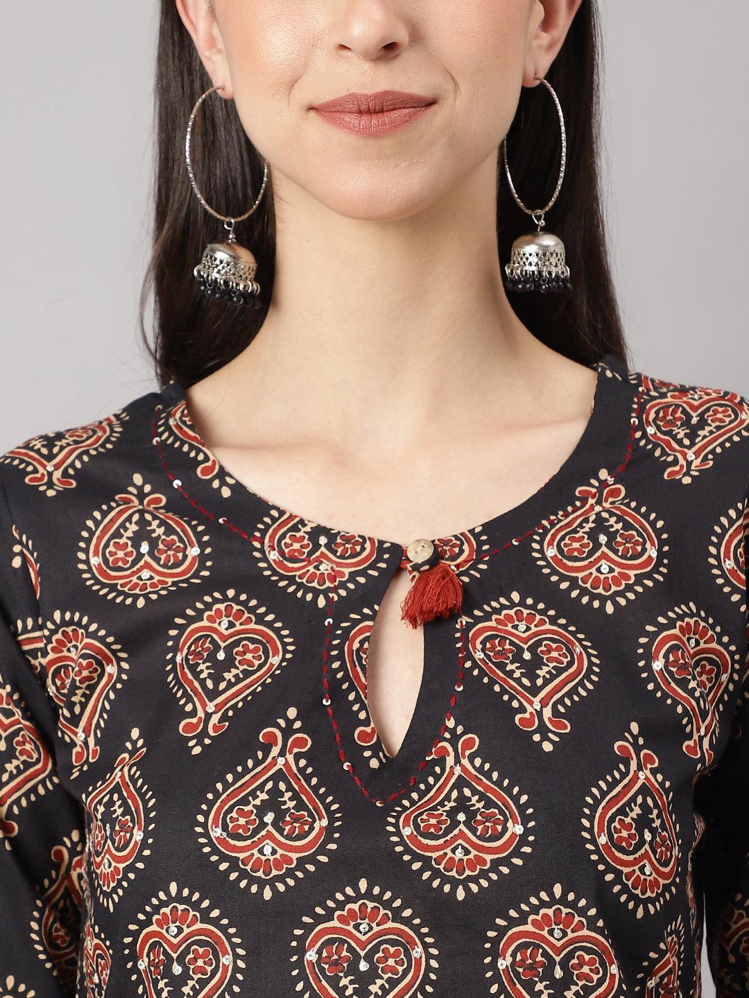 Black And Red Cotton Buti Printed Kurta With Hem Cuffed Pant Set | LASVINI - Redefining Indian Fashion with Elegance