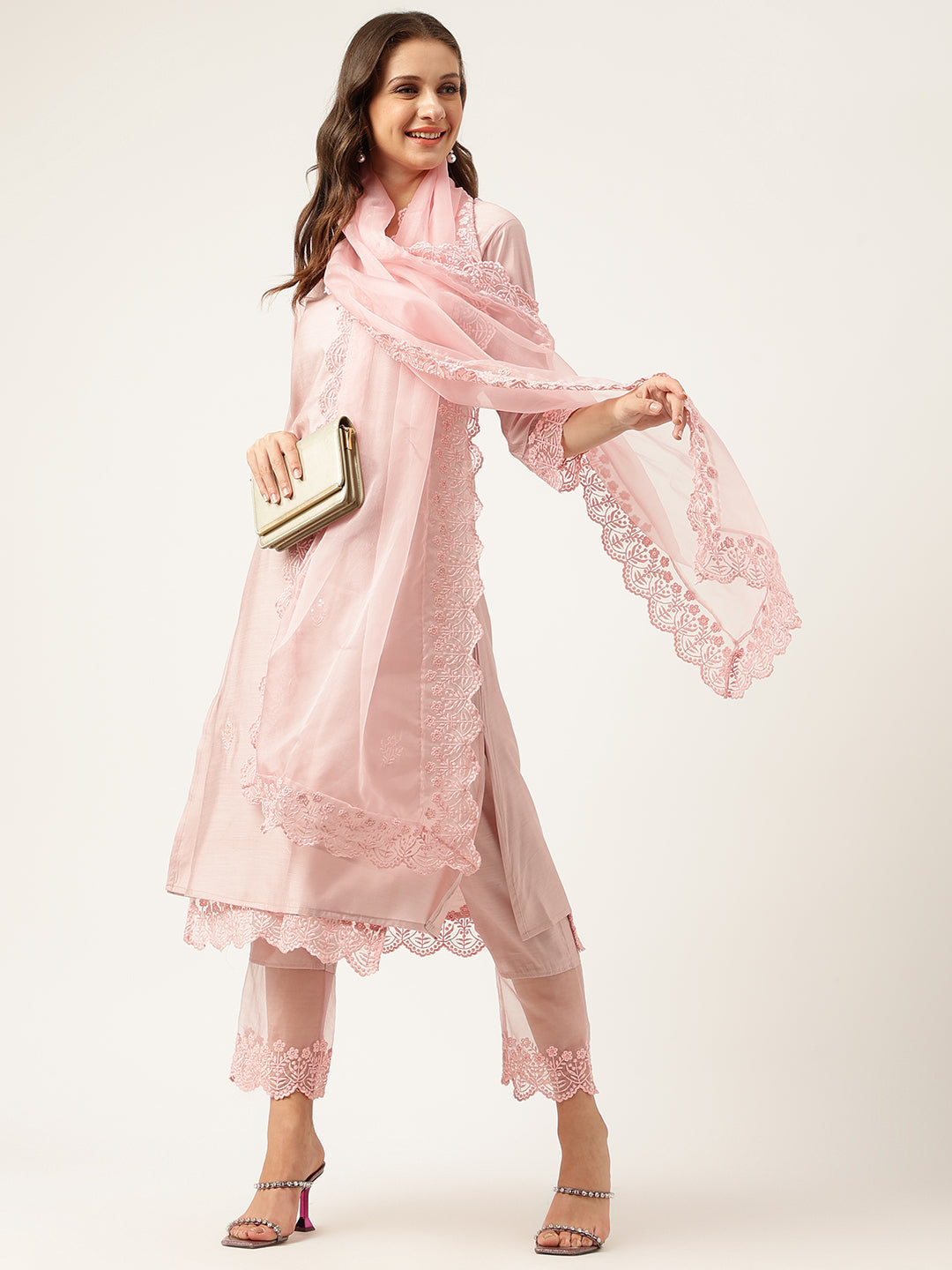 Solid Chanderi Kurta With Inner, Trouser Inner & Dupatta Set | LASVINI - Redefining Indian Fashion with Elegance