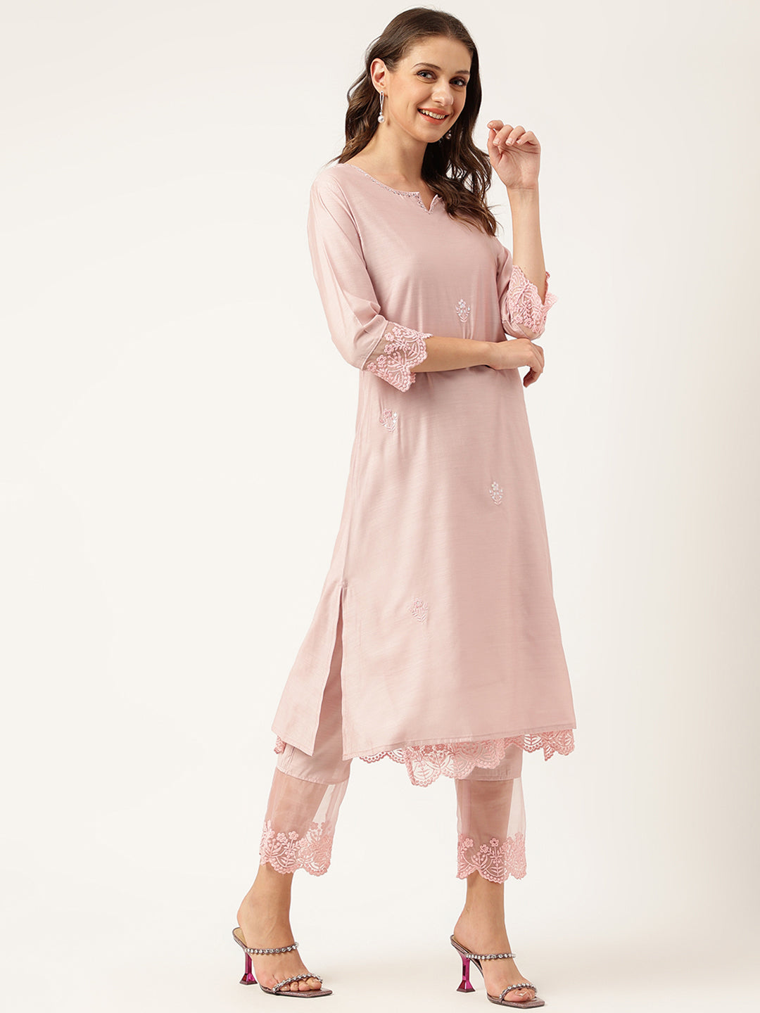 Solid Chanderi Kurta With Inner, Trouser Inner & Dupatta Set | LASVINI - Redefining Indian Fashion with Elegance