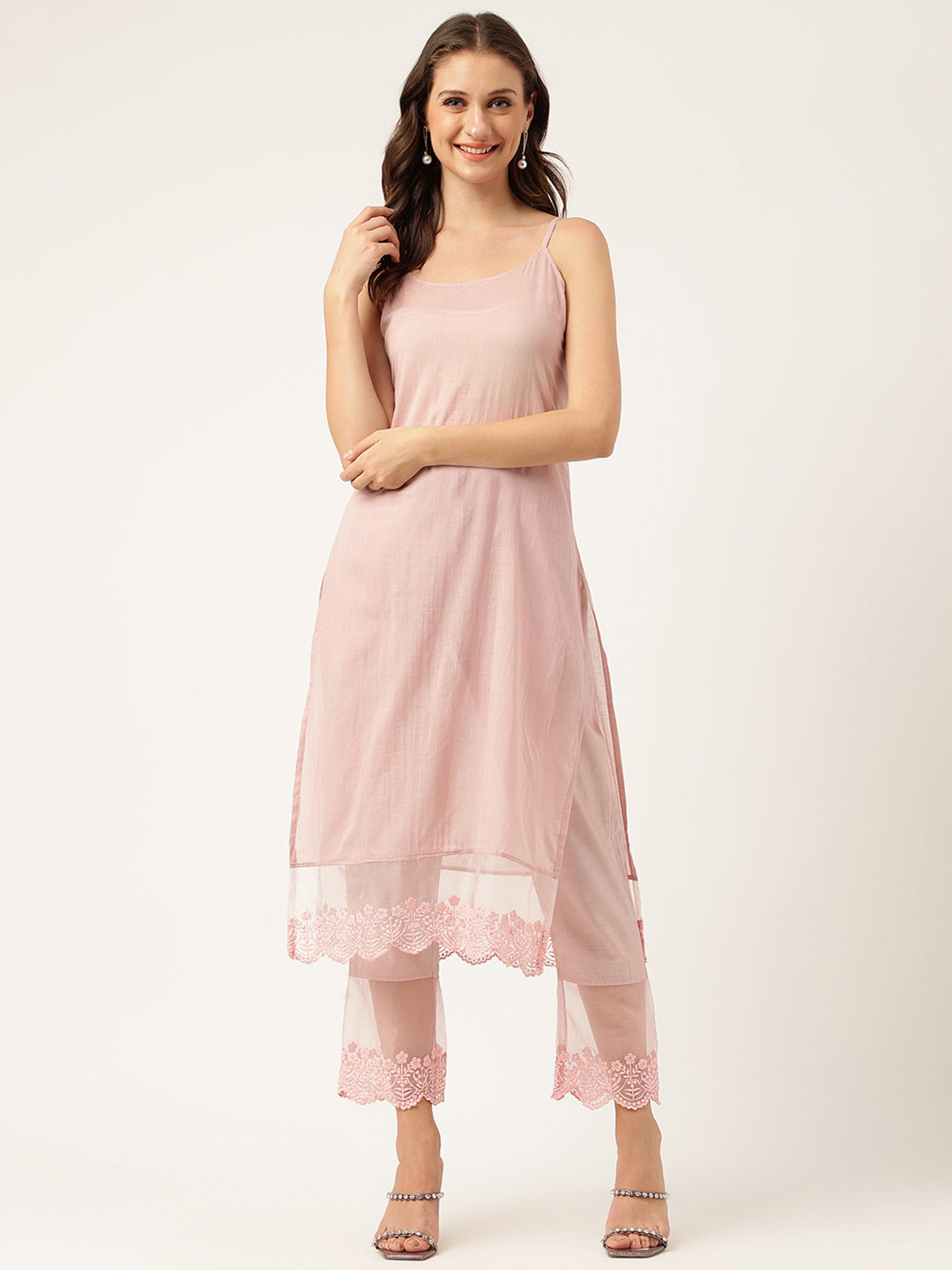 Solid Chanderi Kurta With Inner, Trouser Inner & Dupatta Set | LASVINI - Redefining Indian Fashion with Elegance