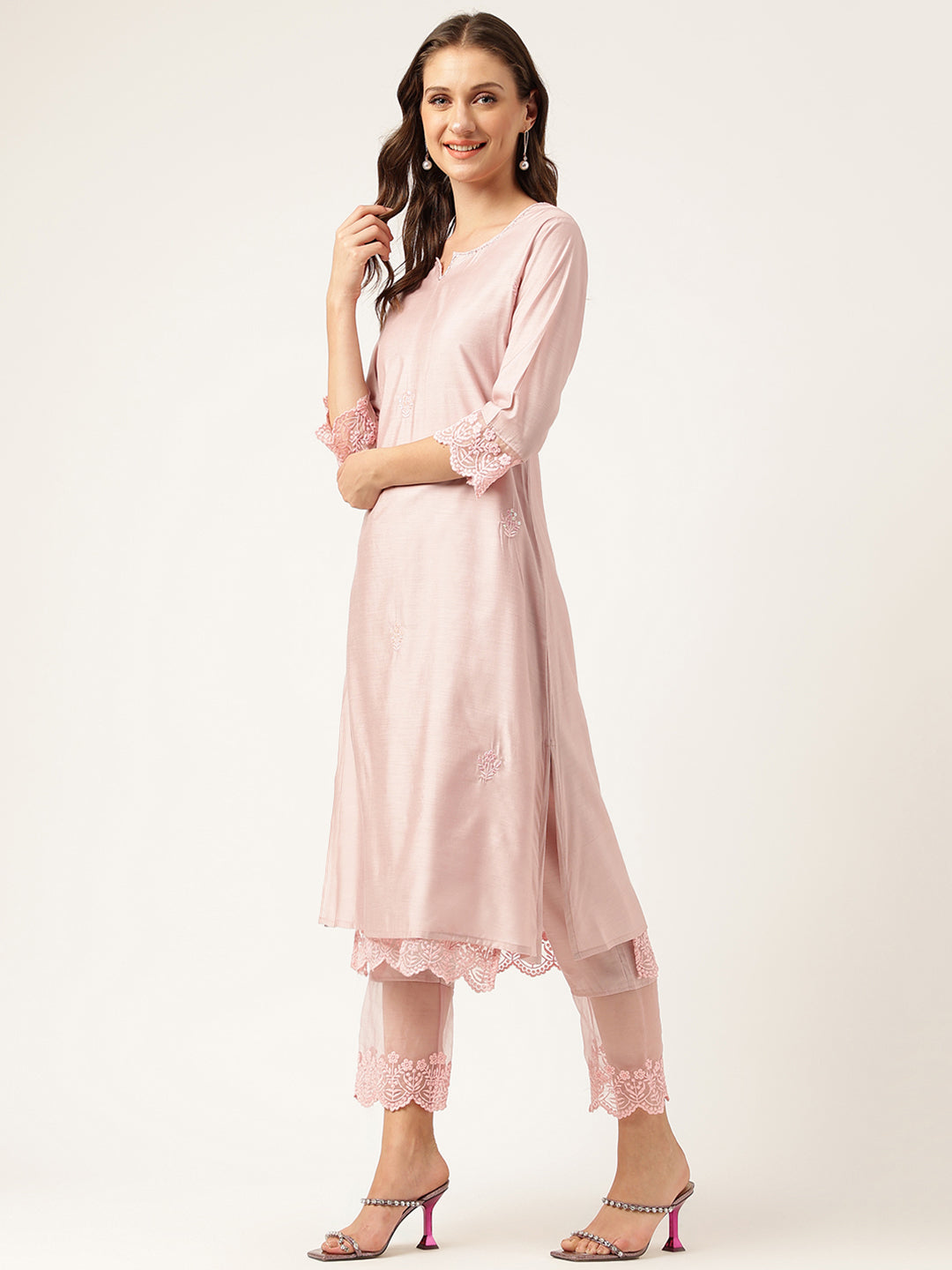 Solid Chanderi Kurta With Inner, Trouser Inner & Dupatta Set | LASVINI - Redefining Indian Fashion with Elegance