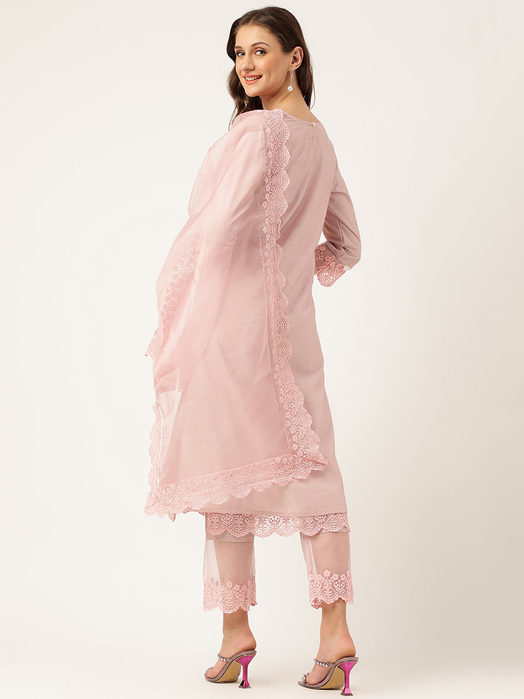 Solid Chanderi Kurta With Inner, Trouser Inner & Dupatta Set | LASVINI - Redefining Indian Fashion with Elegance