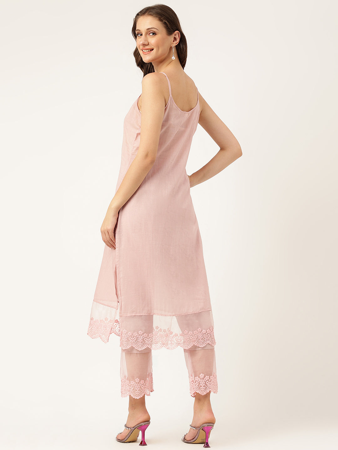 Solid Chanderi Kurta With Inner, Trouser Inner & Dupatta Set | LASVINI - Redefining Indian Fashion with Elegance