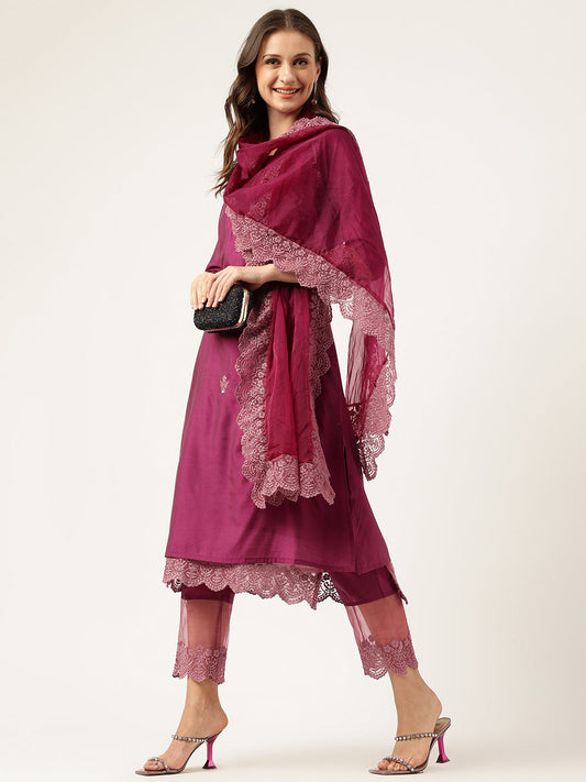 Solid Purple Chanderi Embroidered Kurta With Inner Trouser Inner & Dupatta Set | LASVINI - Redefining Indian Fashion with Elegance