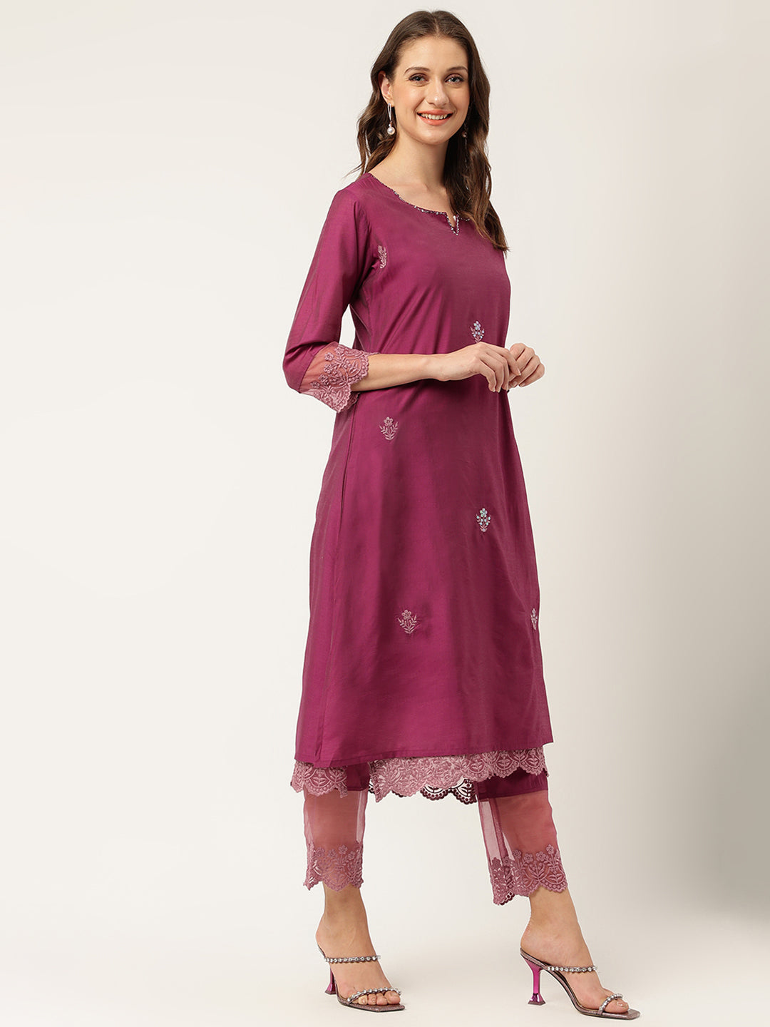 Solid Purple Chanderi Embroidered Kurta With Inner Trouser Inner & Dupatta Set | LASVINI - Redefining Indian Fashion with Elegance
