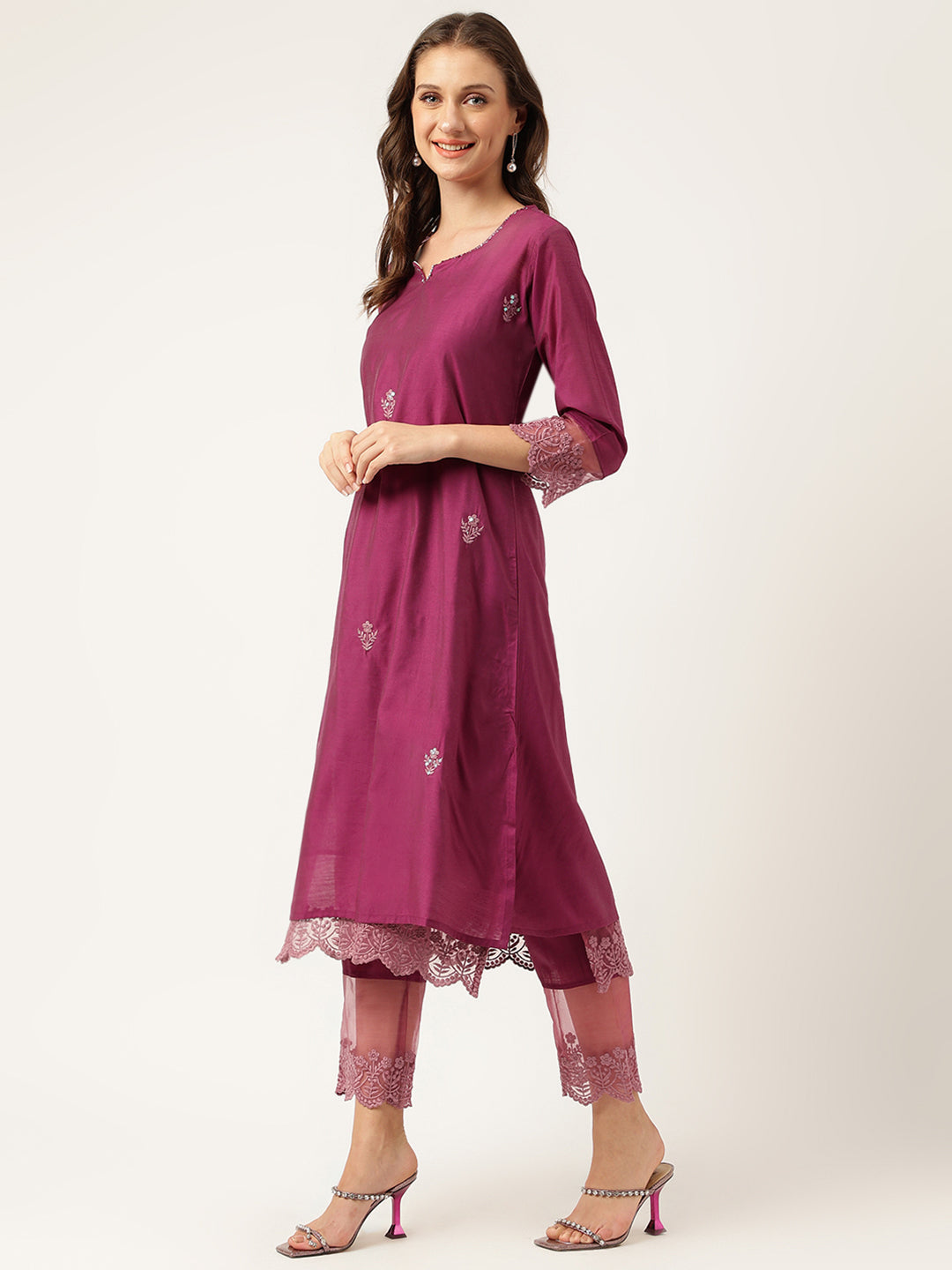 Solid Purple Chanderi Embroidered Kurta With Inner Trouser Inner & Dupatta Set | LASVINI - Redefining Indian Fashion with Elegance