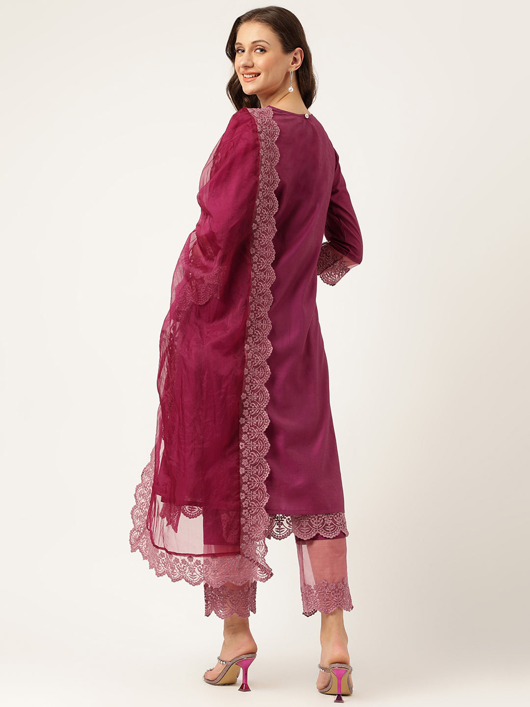 Solid Purple Chanderi Embroidered Kurta With Inner Trouser Inner & Dupatta Set | LASVINI - Redefining Indian Fashion with Elegance