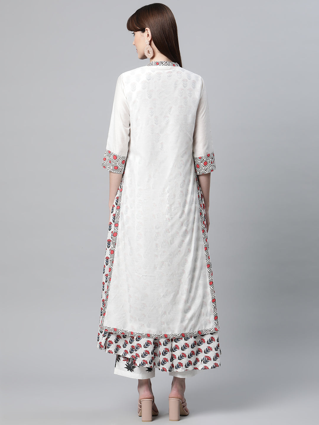 Women White Floral Kurta Pant Set With Chanderi Shurg | LASVINI - Redefining Indian Fashion with Elegance