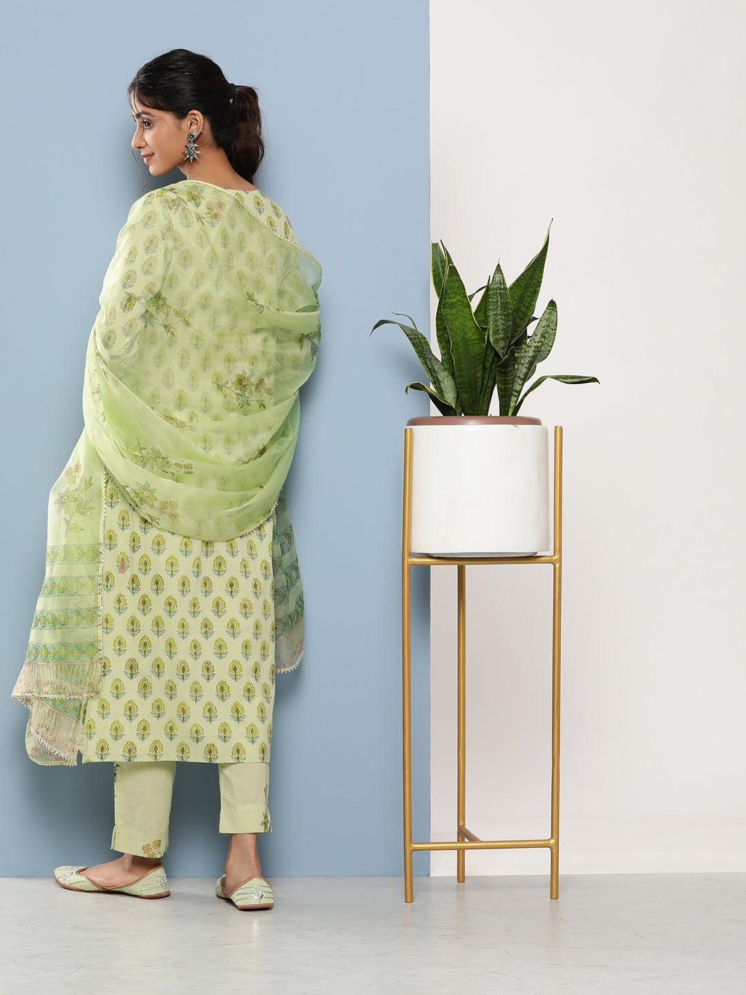 Green Cotton Straight Pant Set With Organza Dupatta | LASVINI - Redefining Indian Fashion with Elegance
