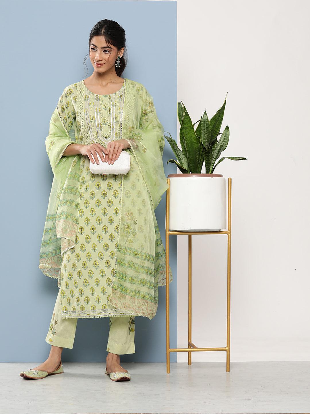 Green Cotton Straight Pant Set With Organza Dupatta | LASVINI - Redefining Indian Fashion with Elegance