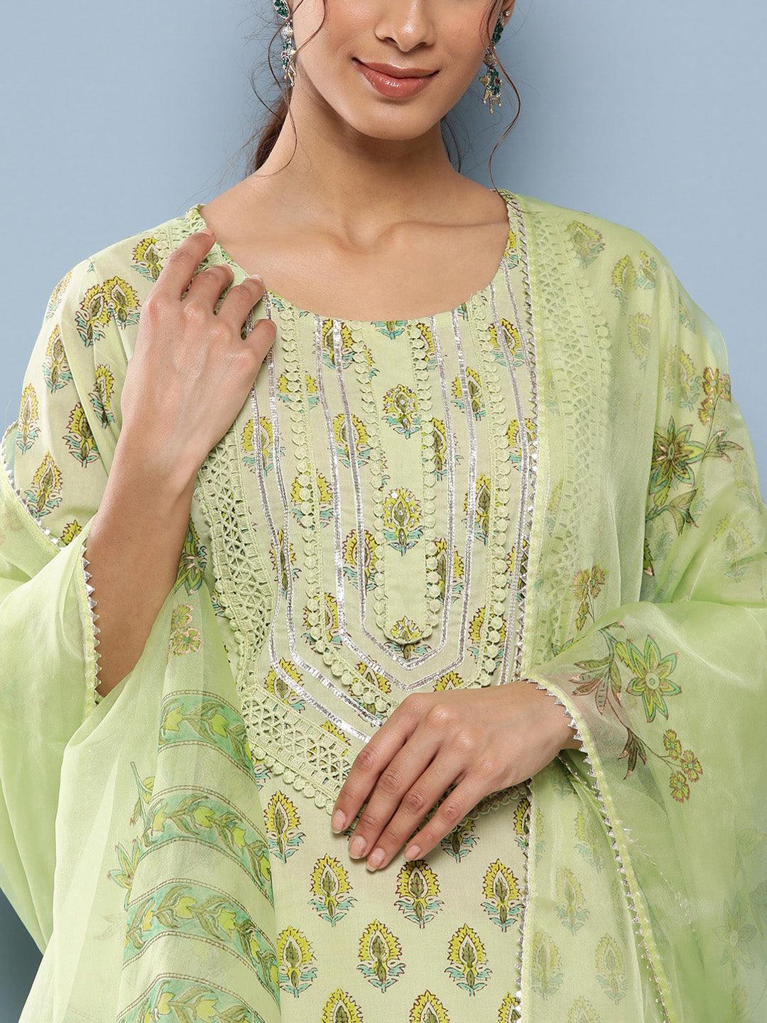 Green Cotton Straight Pant Set With Organza Dupatta | LASVINI - Redefining Indian Fashion with Elegance