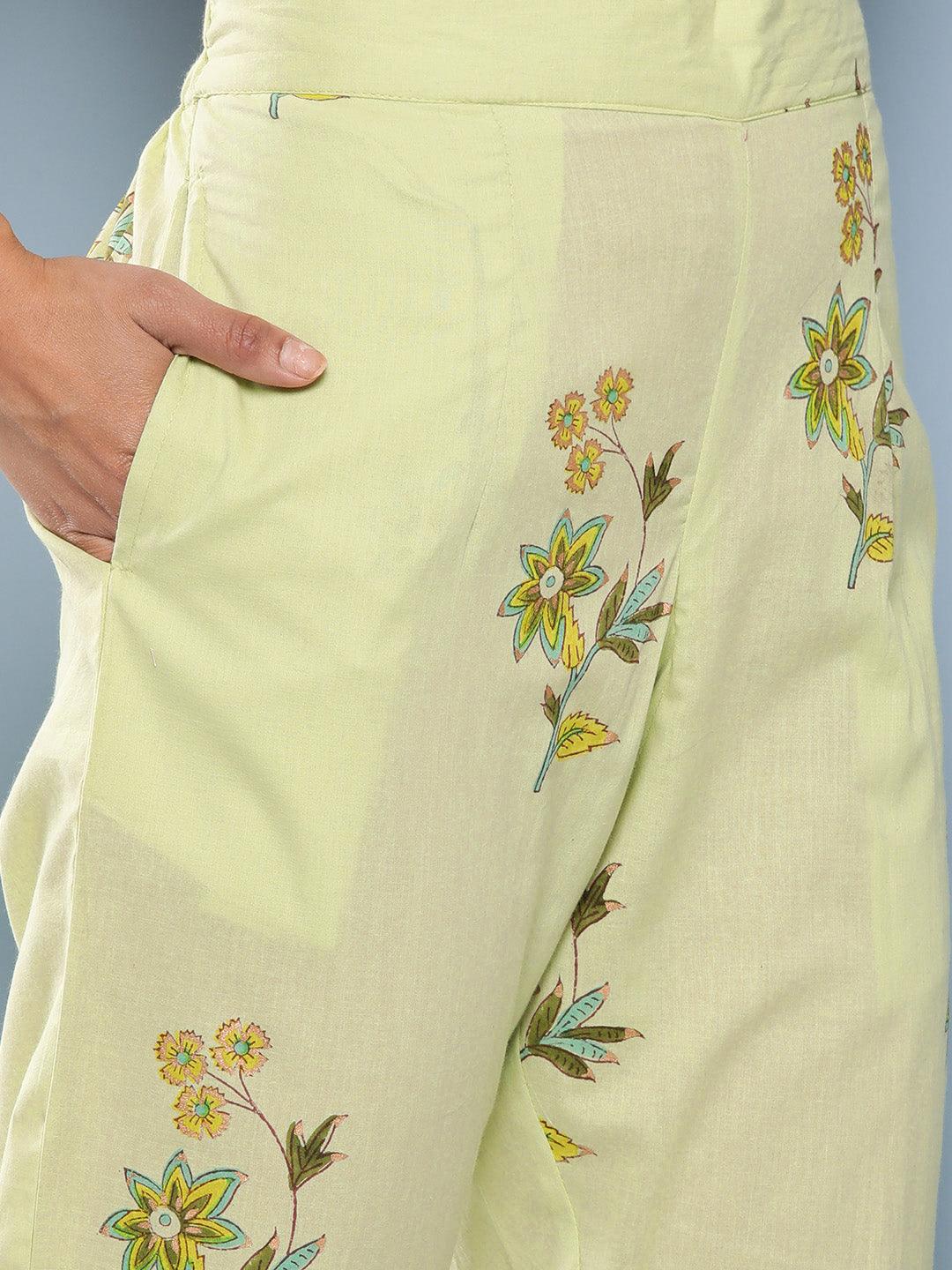Green Cotton Straight Pant Set With Organza Dupatta | LASVINI - Redefining Indian Fashion with Elegance