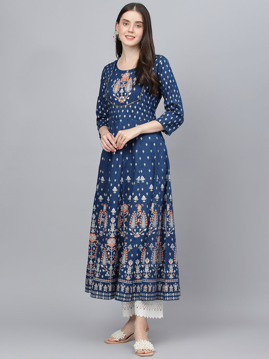 Women Indigo Ethnic Motif Rayon Anarkali Kurta | LASVINI - Redefining Indian Fashion with Elegance