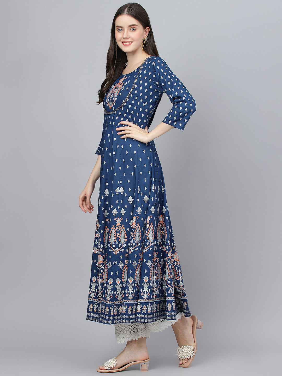 Women Indigo Ethnic Motif Rayon Anarkali Kurta | LASVINI - Redefining Indian Fashion with Elegance