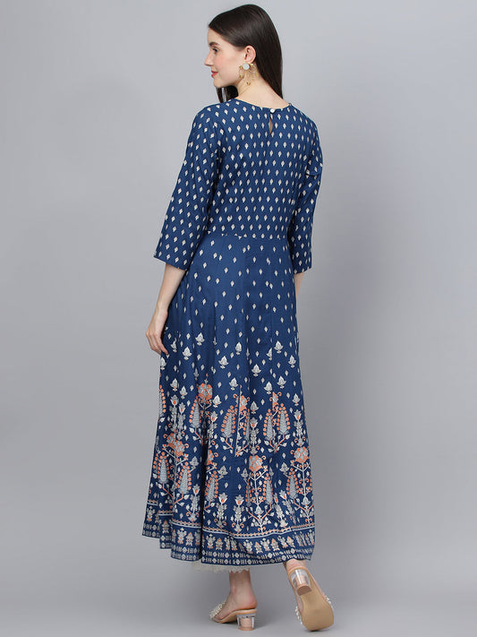Women Indigo Ethnic Motif Rayon Anarkali Kurta | LASVINI - Redefining Indian Fashion with Elegance