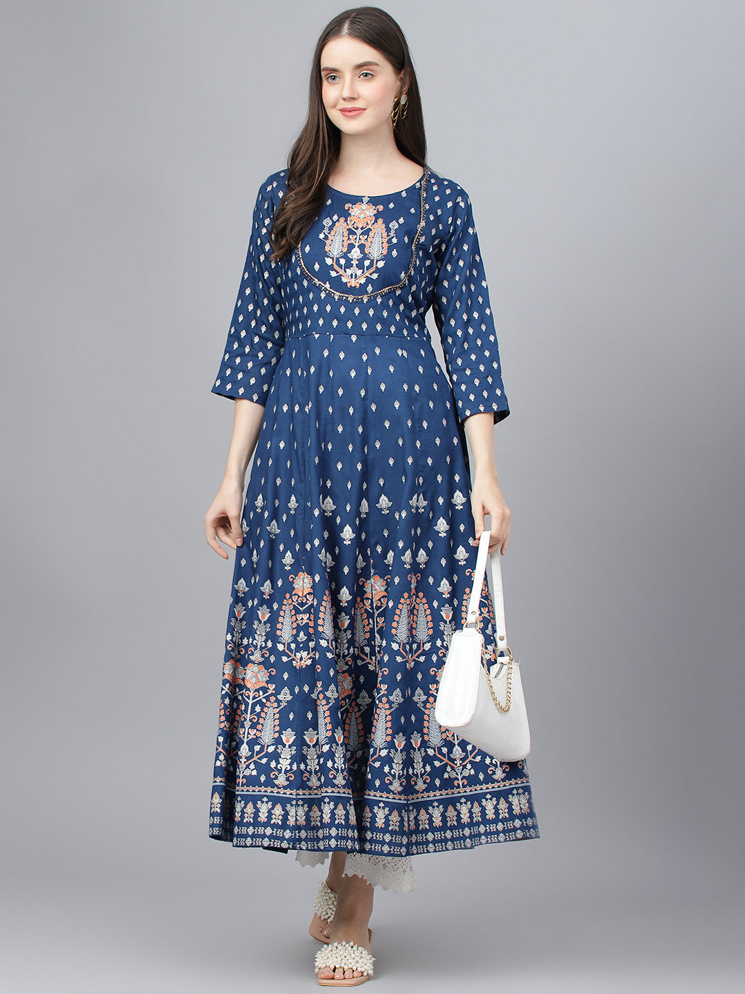 Women Indigo Ethnic Motif Rayon Anarkali Kurta | LASVINI - Redefining Indian Fashion with Elegance