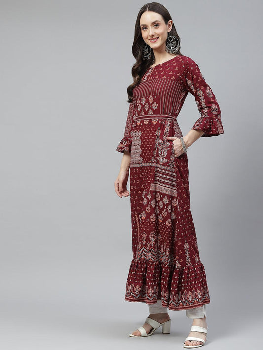 Maroon Rayon A-Line Kurta With Belt | LASVINI - Redefining Indian Fashion with Elegance