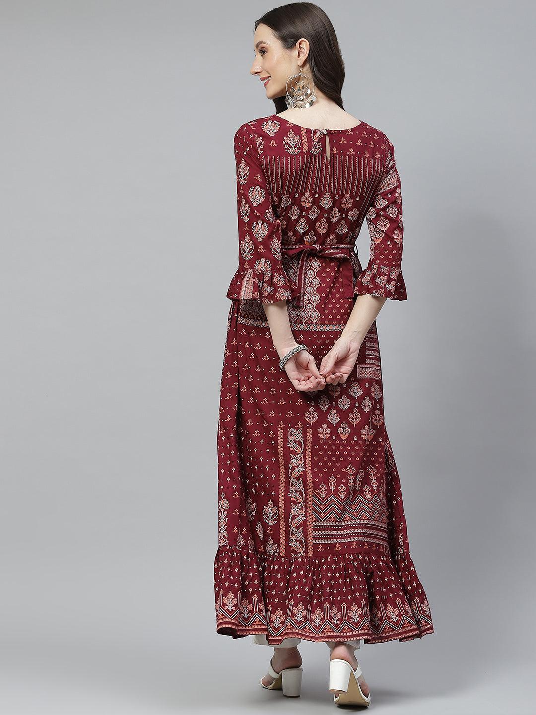 Maroon Rayon A-Line Kurta With Belt | LASVINI - Redefining Indian Fashion with Elegance
