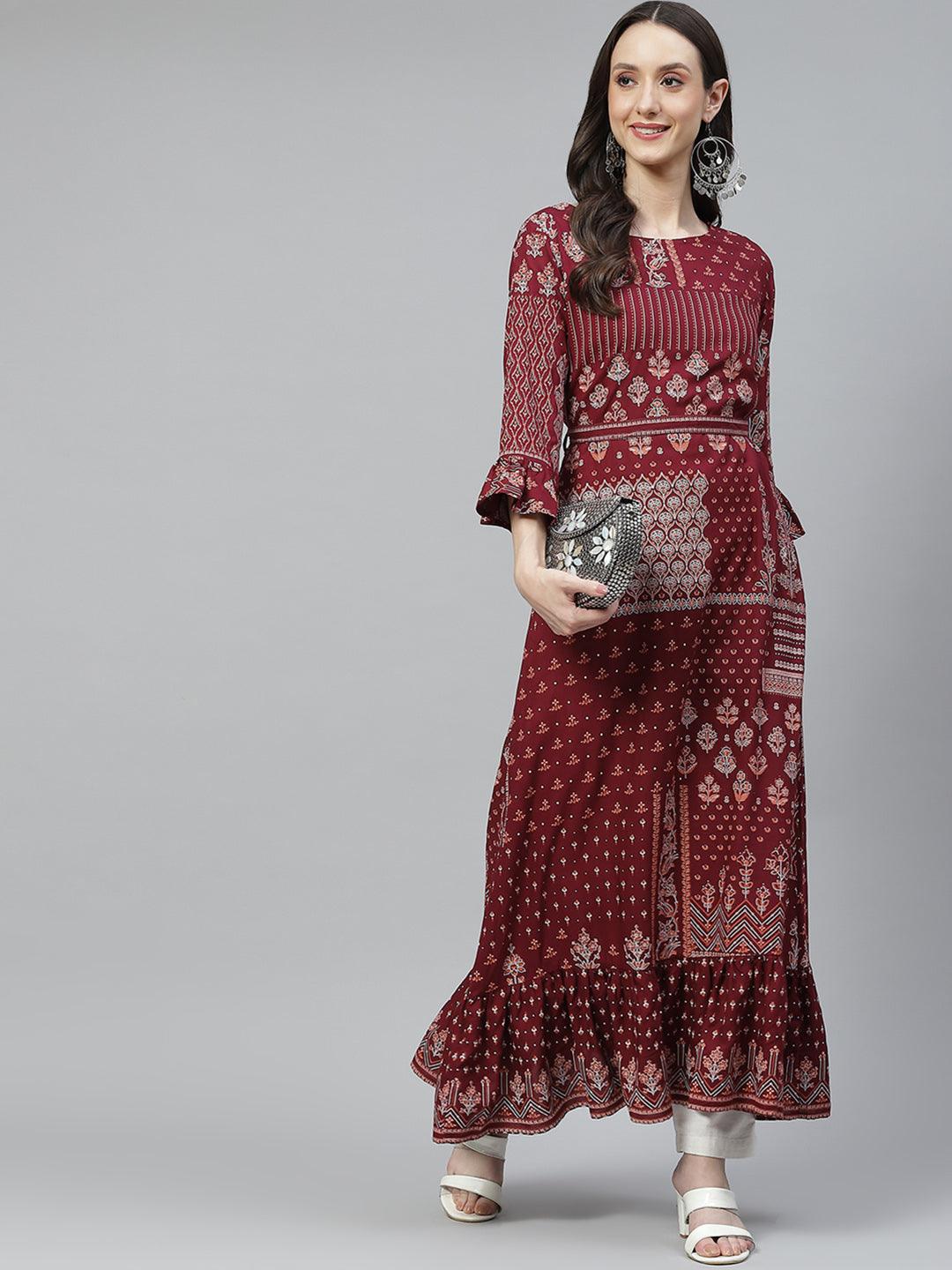 Maroon Rayon A-Line Kurta With Belt | LASVINI - Redefining Indian Fashion with Elegance