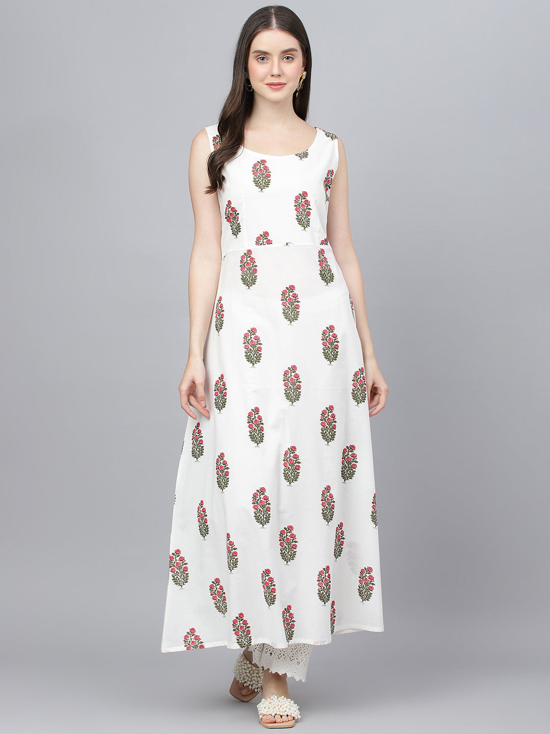 Women White Floral Cotton Anarkali Kurta With Jecket | LASVINI - Redefining Indian Fashion with Elegance