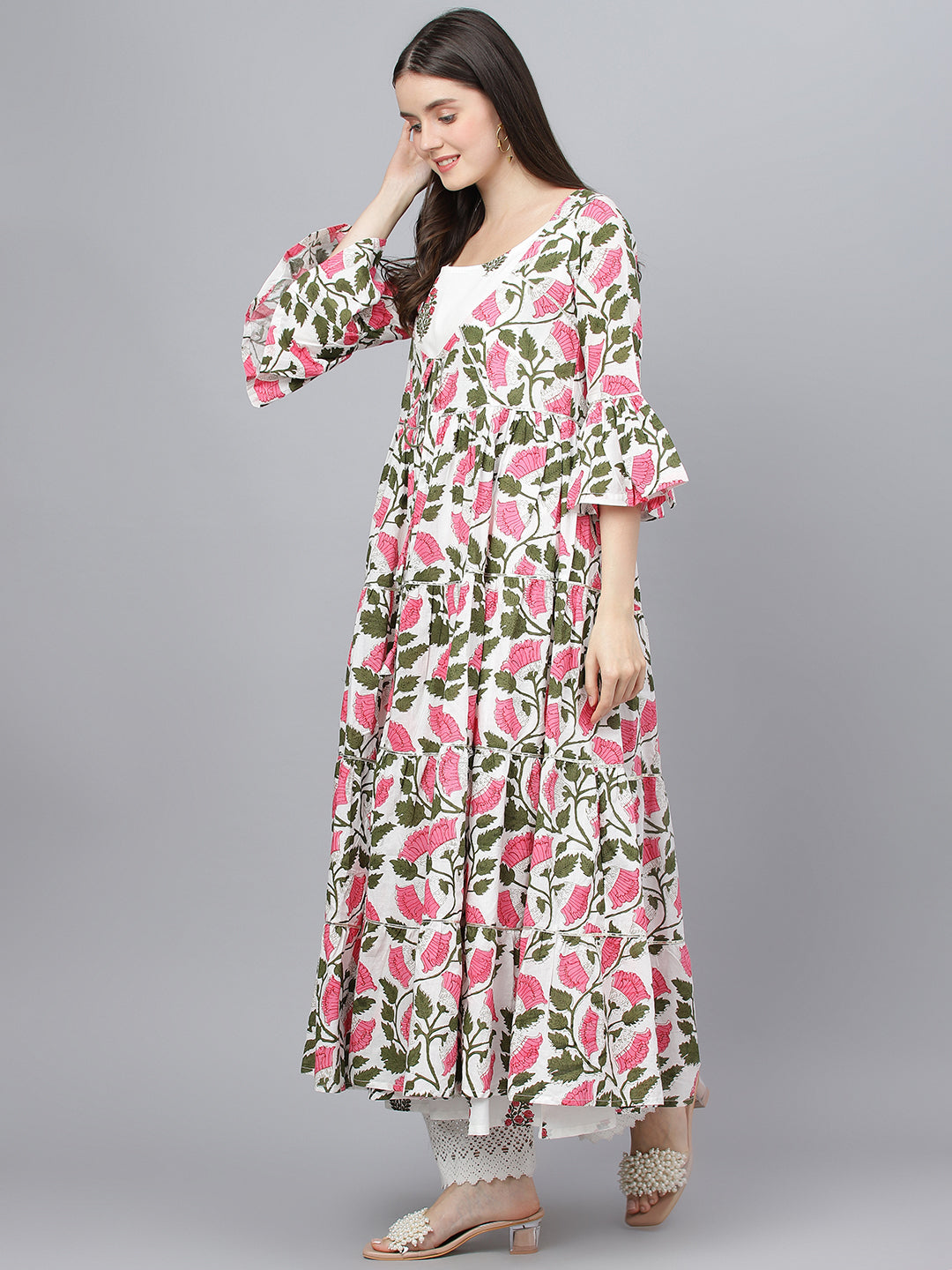 Women White Floral Cotton Anarkali Kurta With Jecket | LASVINI - Redefining Indian Fashion with Elegance