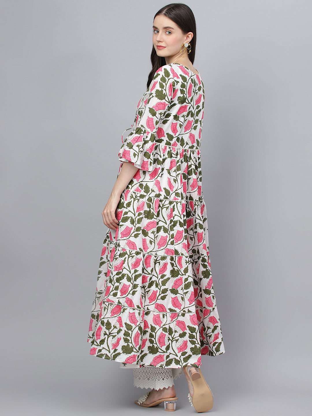 Women White Floral Cotton Anarkali Kurta With Jecket | LASVINI - Redefining Indian Fashion with Elegance