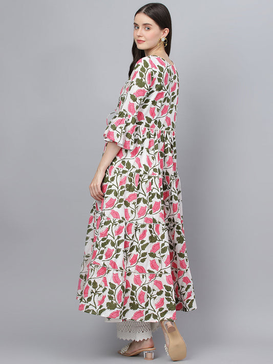 Women White Floral Cotton Anarkali Kurta With Jecket | LASVINI - Redefining Indian Fashion with Elegance