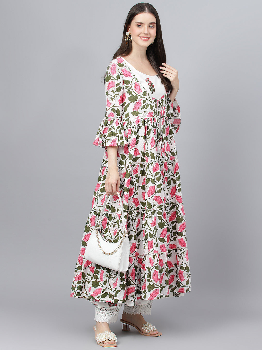 Women White Floral Cotton Anarkali Kurta With Jecket | LASVINI - Redefining Indian Fashion with Elegance