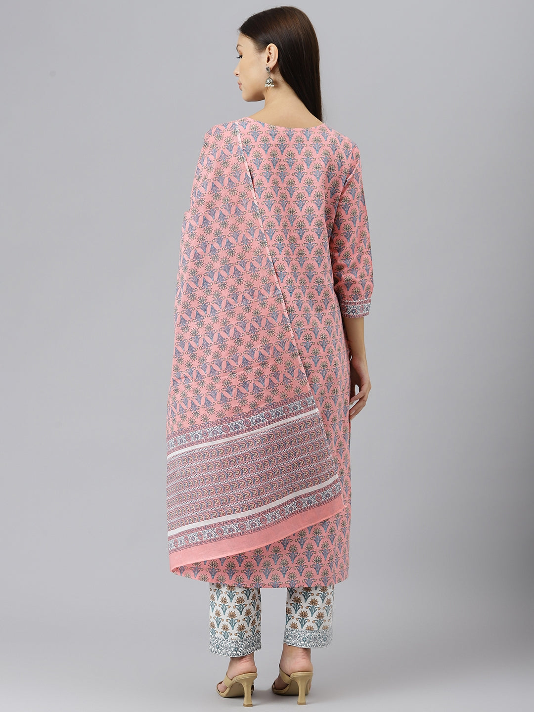 Women Pink Printed Gotta Patti Pure Cotton Kurta With Trousers & Dupatta | LASVINI - Redefining Indian Fashion with Elegance