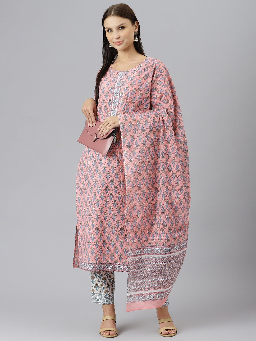 Women Pink Printed Gotta Patti Pure Cotton Kurta With Trousers & Dupatta | LASVINI - Redefining Indian Fashion with Elegance