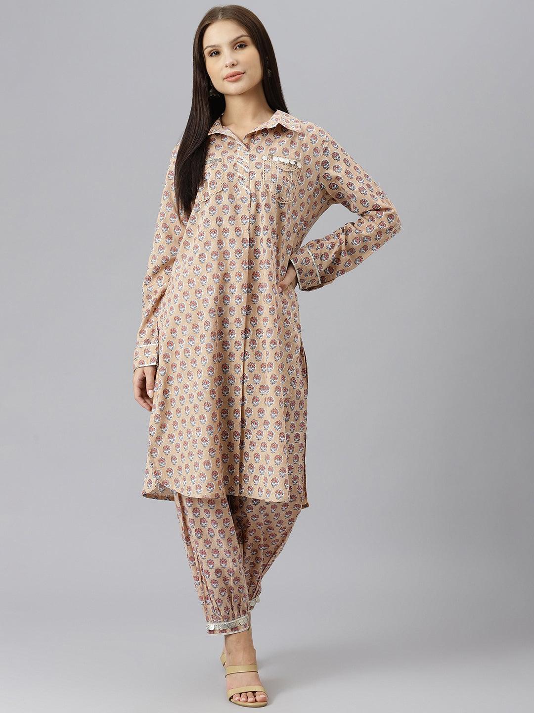 Beige Cotton Shirt Style Kurta Hem Cuffed Pant Co-Ord Set | LASVINI - Redefining Indian Fashion with Elegance