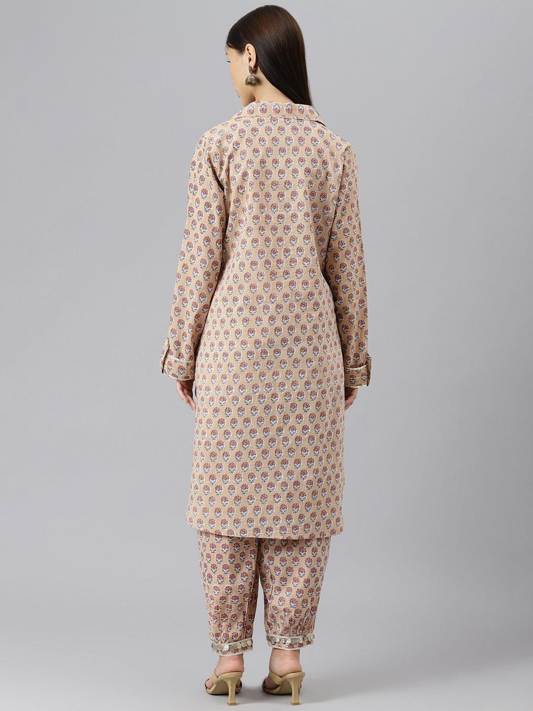 Beige Cotton Shirt Style Kurta Hem Cuffed Pant Co-Ord Set | LASVINI - Redefining Indian Fashion with Elegance