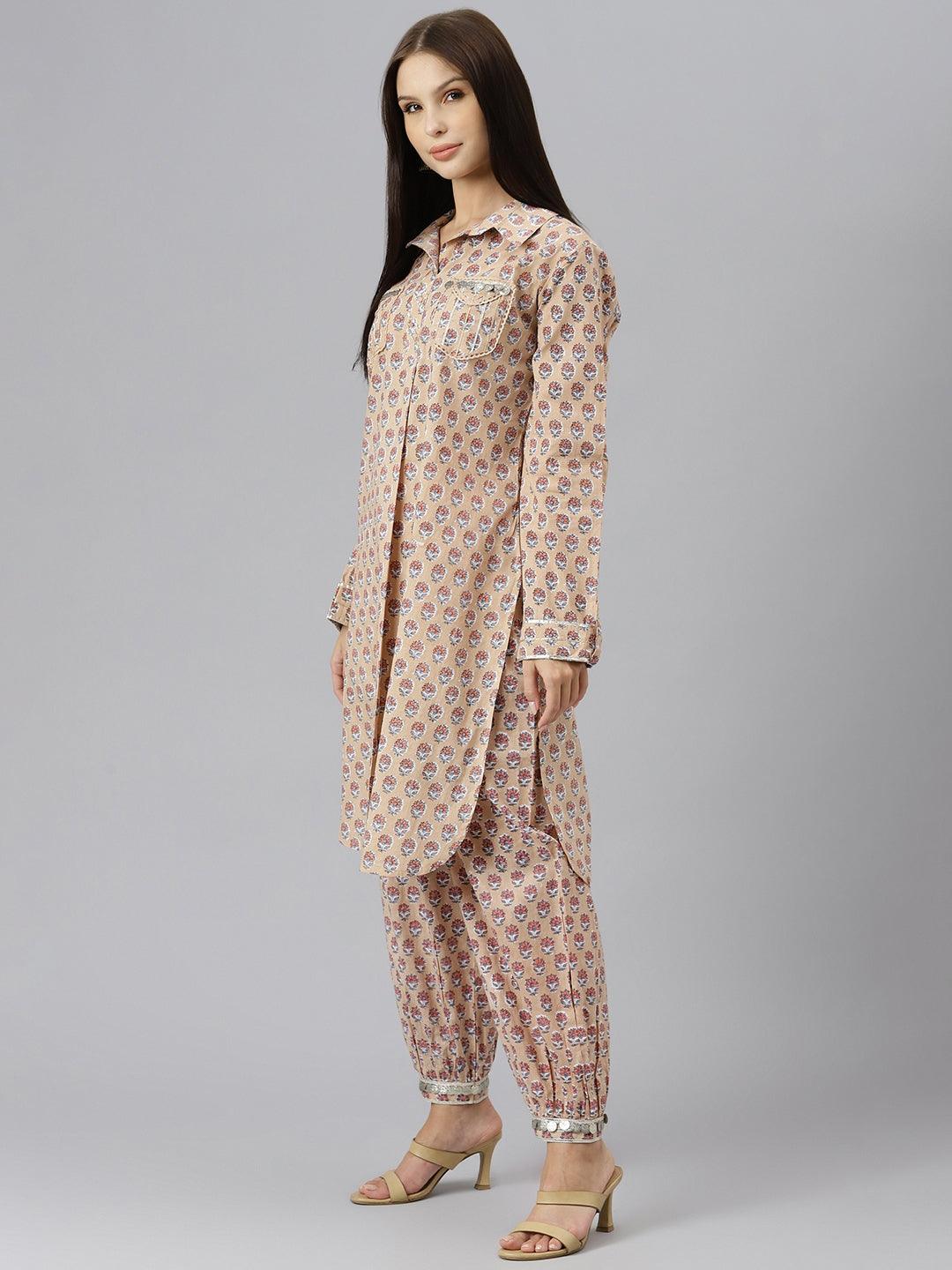 Beige Cotton Shirt Style Kurta Hem Cuffed Pant Co-Ord Set | LASVINI - Redefining Indian Fashion with Elegance